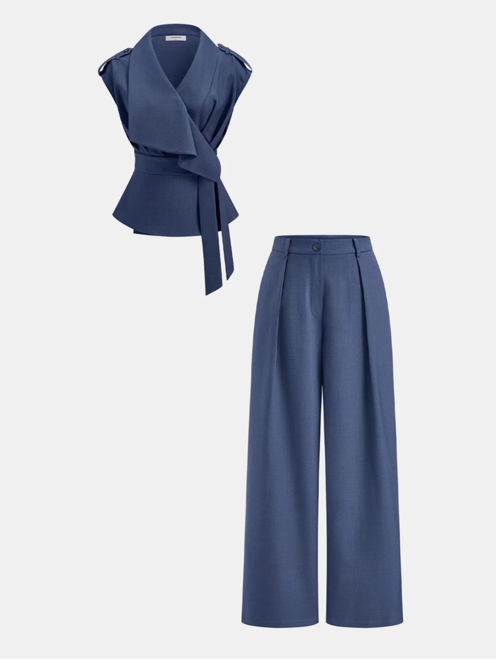 Commense Blue Wrap Top Pleated Wide Leg Pants Set M | Corporate Chic - Picture 3 of 6